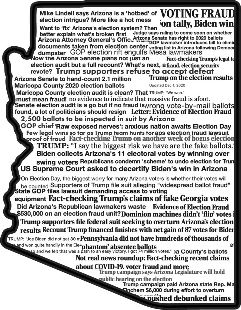 Image of the state of Arizona filled with quotes from newspaper articles